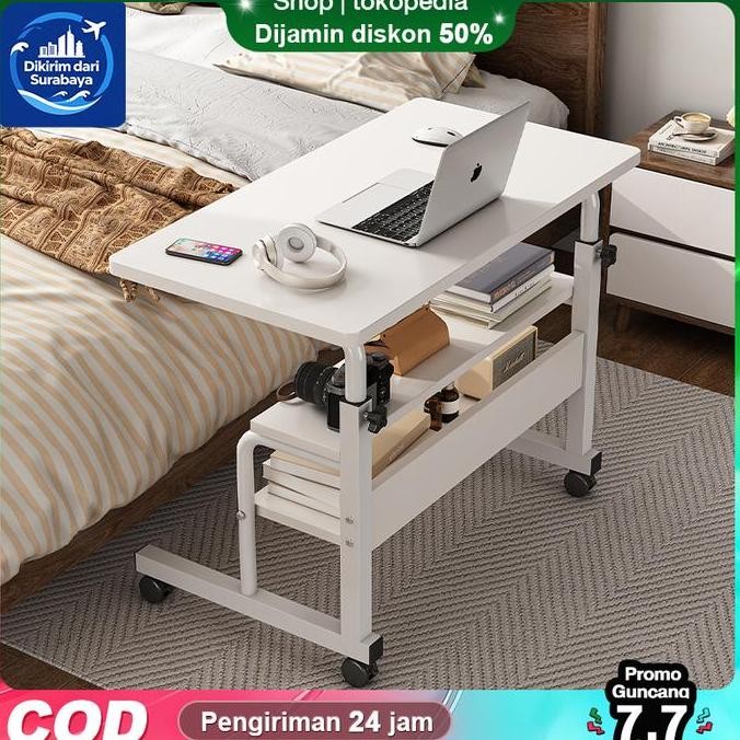 Dikirim dari Surabaya-Meja Laptop Lipat Adjustable dengan Roda Meja Laptop Roda Meja Kerja Adjustabl