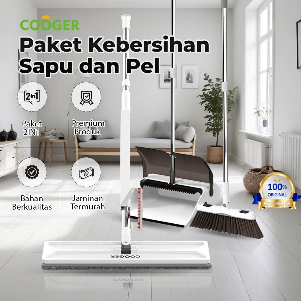 COOGER Sapu Pengki Otomatis Dapat Ditekuk Set Sapu Dan Alat Pel Standing Peras Otomatis Standing Mop
