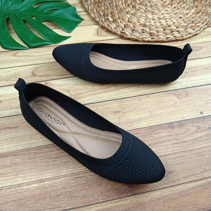 Promo Sepatu Kerja Flat  Shoes Wanita Bahan Rajut Import Gravici DO-25 Hitam Karet flat  shoes flat 