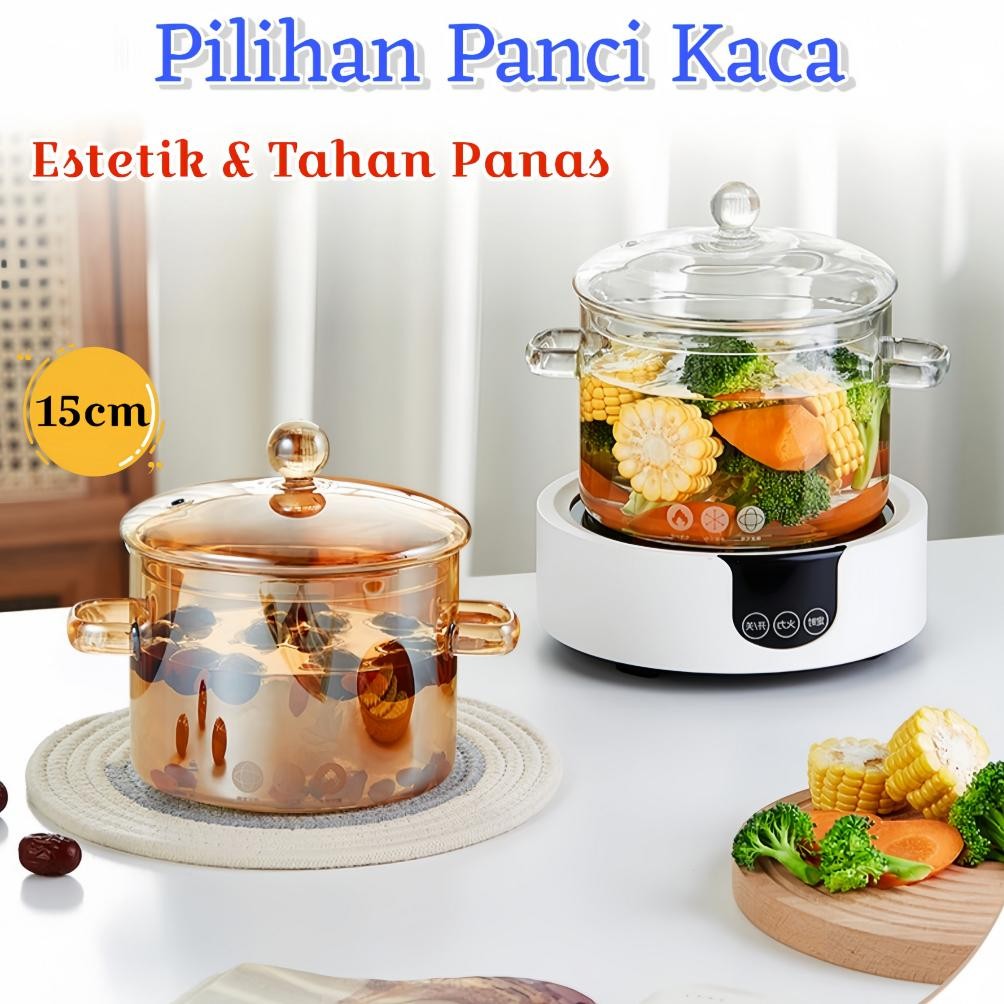 One Two Cups Panci Tutup Kaca Tahan Panas Dan Api Glass Cooking Pot Panci Sayur 1900ml Transparan