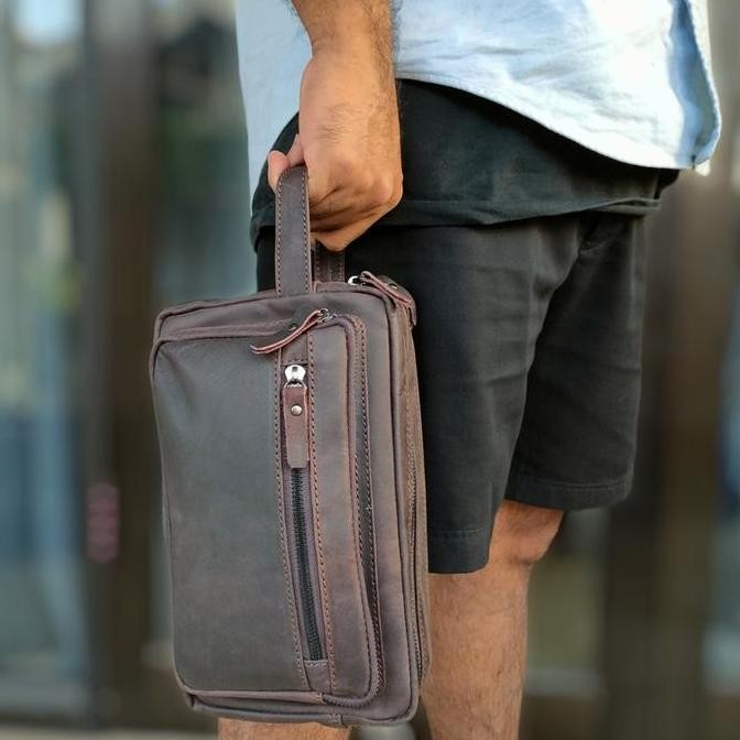 Tas selempang/clutch Zoan kulit sapi asli crazy horse pria/wanita