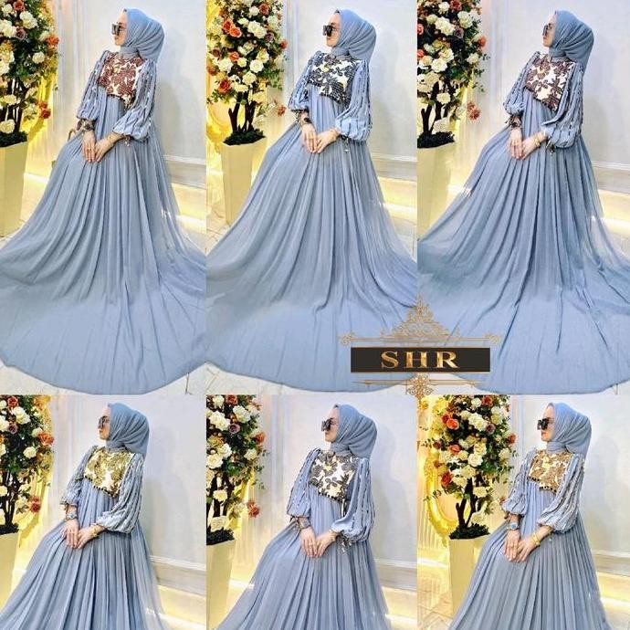 New Shr Maxi Dress Free Hijab Mix Katun Dada Ori Shr 100% Biru Ceruty