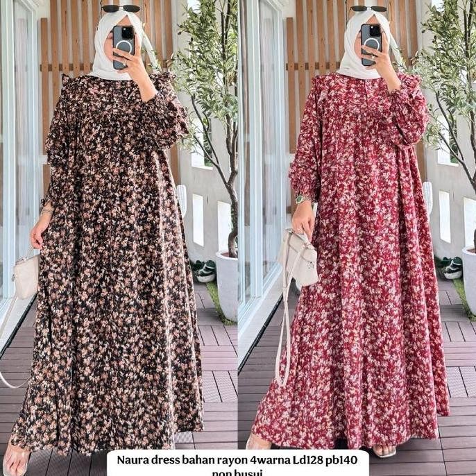 Avr Naura Dress Motif Bunga Kecil Bahan Rayon Gamis Wanita Muslim Panjang Non Busui Variasi 4 Warna