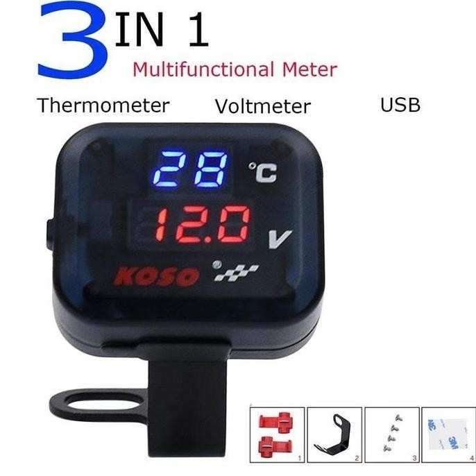 ENRIO- Voltmeter Koso 3 In 1 USB Charger Universal SEMUA MOTOR Anti Air Original Termometer Digital 