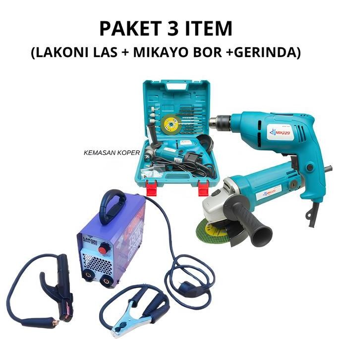 jhonxie- 3 ITEM Lakoni Mesin Las 450w 120a Mikayo Mesin Bor + Gerinda set koper