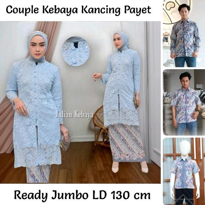 Promo Setelan Pasangan Kebaya Brokat Kancing Depan Kombinasi Payet Modern Jumbo Couple Kemeja Batik 