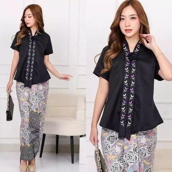 Promo JUMBO ATASAN KEBAYA FLOY HITAM BALOTELLY BORDIR BUNGA TANGAN PENDEK +BROS+ROK LD 120 COD