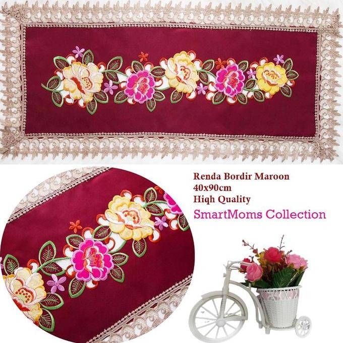 DF265>> TAPLAK MEJA TAMU BORDIR PREMIUM / TAPLAK MEJA TAMU RENDA BORDIR MAROON