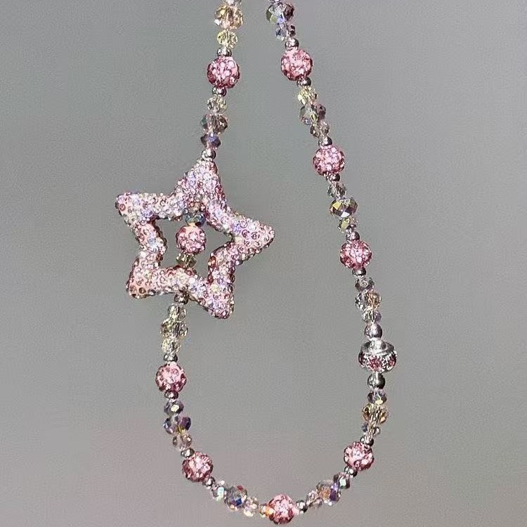 Rantai Telepon Bintang Lima Berwarna Merah Muda, Lanyard Telepon, Gantungan Kunci, Gantungan Tas