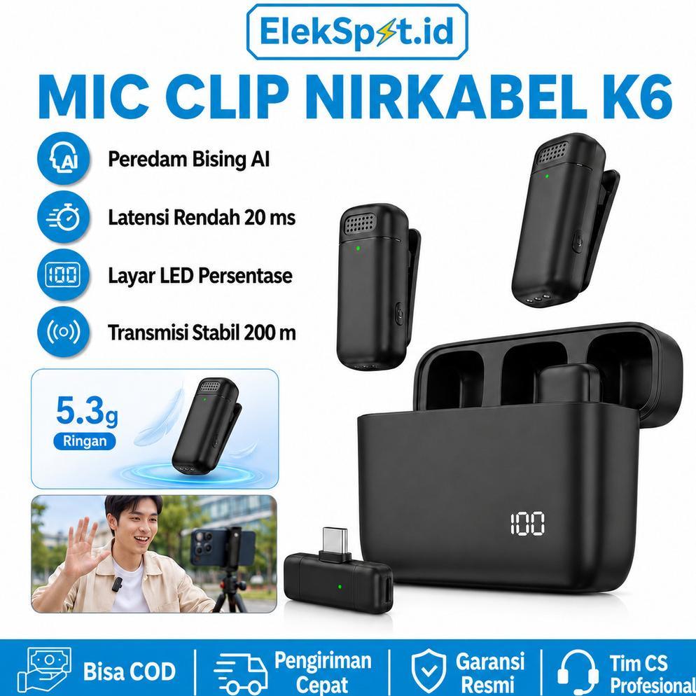 Recommended K6 Mic Wireless Dual Lavalier Mikrofon Clip On Ai Noise Cancelling Plug & Play Nirkabel 