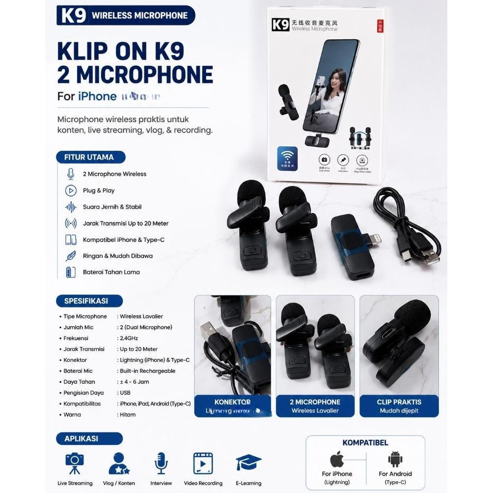 Original Mic Klip On Microphone Wireless K9 Dual Lightning(Iphone) Bukan Untuk Android Model 2 Mic U