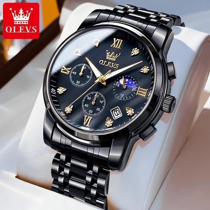 Bw- Olevs Jam Tangan Pria Tahan Air Cowok Multifungsi Luminous Kalender Bisnis Analog Elegan Bergaya