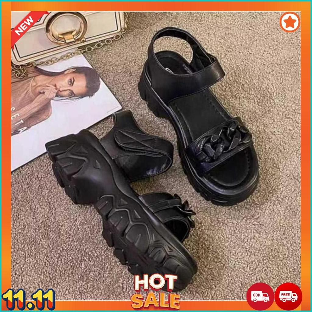 Sandal Wedges Wanita Korea Sol Tinggi Sintetis Hitam/Putih