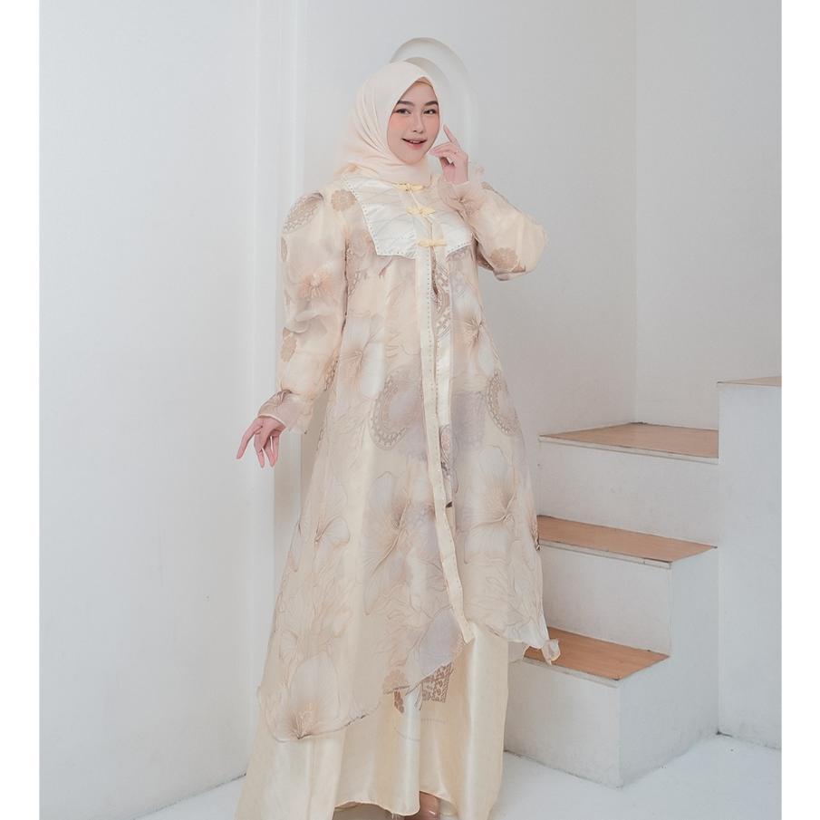 BEST SELLER Dazfa Gamis Mahira Satin Outer Organza Terpisah Payet Kancing Lepas KEKINIAN