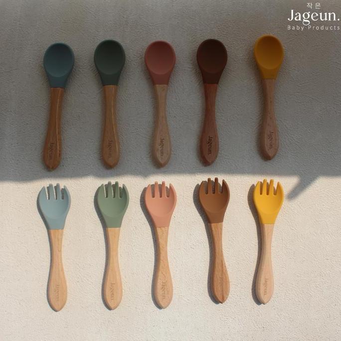 JAGEUN Premium Silicone Wooden Sendok Garpu Set | Alat Makan Bayi WSD