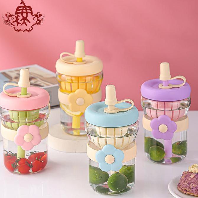 Garnies433 - Onion Botol Minum Kaca Motif Bunga 500Ml Dengan Sedotan Silikon & Tutup Plastik Import 