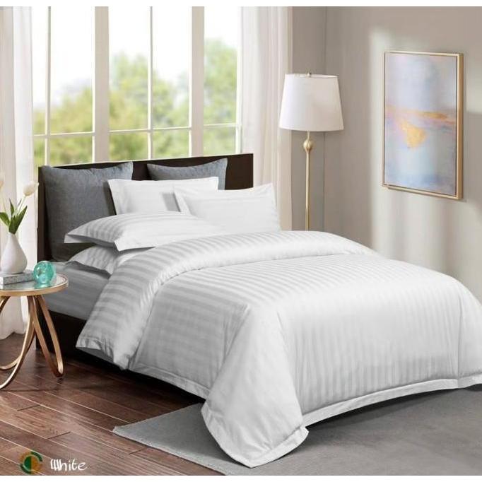 Sprei Hotel Full Katun DOBBY Motif Salur Putih TC 300 (Sprei Only)