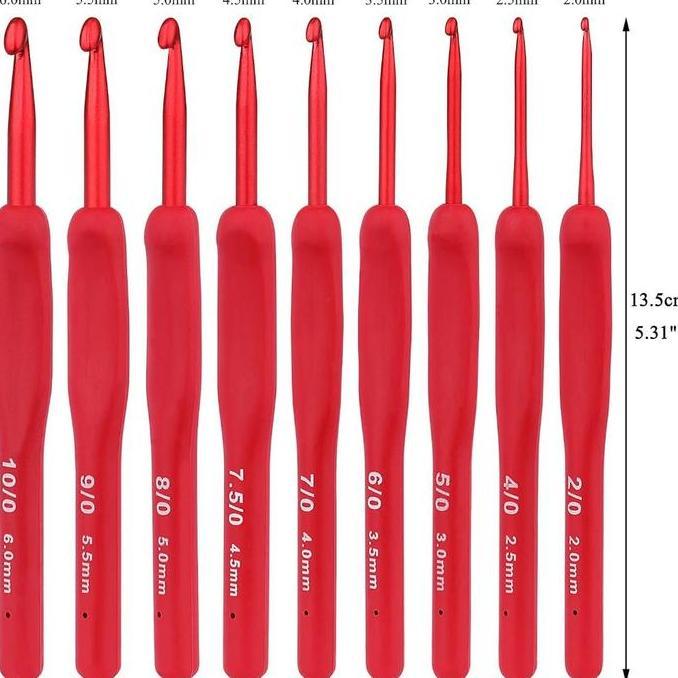 TUMOLOX 9pcs/set Hakpen Red Non Tulip / Jarum Rajut Hakpen Handle Karet Crochet Set Red / Jarum Raju