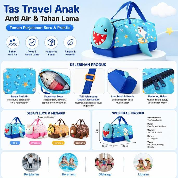 CYNJOT Tas Travel Anak Karakter Hewan Lucu Duffel Bag Anti Air Waterproof Selempang Jinjing Slempang