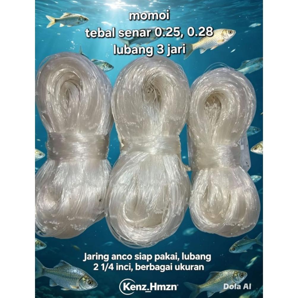 Jaring Anco Ikan Nila/Jaring Anco Merk Momoi/ Branjang Ikan / Lubang 2 1/4Inch (3Jari Pas) Senar 0.2
