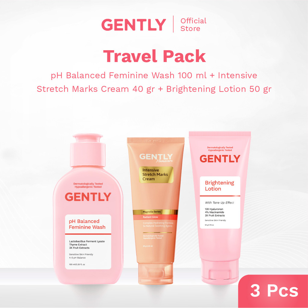 GENTLY Travel Pack | Brightening Lotion 50 g + pH Balanced Feminine Wash Fruit Series + Intensive St