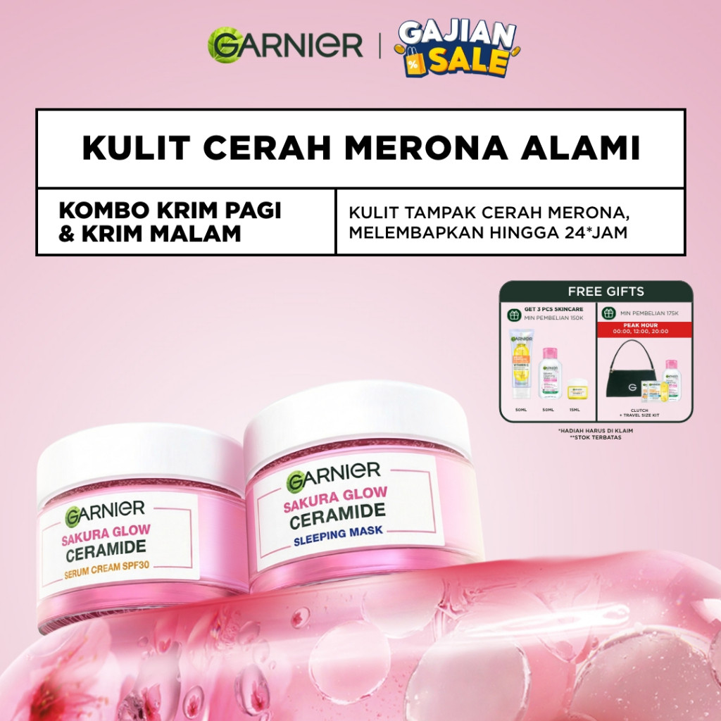 GARNIER Sakura Glow Ceramide Skin Barrier Simple Set Day Cream & Night Cream 50 ml Krim Siang & Krim
