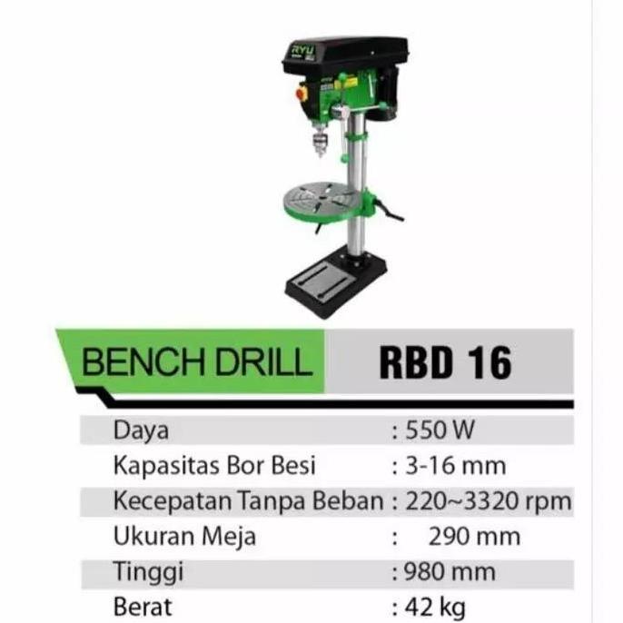 PHRENA Mesin Bor Duduk 16mm RYU RBD16 16MM RYU / Mesin Bor Duduk Listrik 16 mm 16mm Bench Drill Bor 