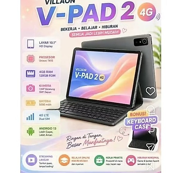 Tablet android 10.1 inch villaon vpad 2 4g 4/128gb dan 4/64gb