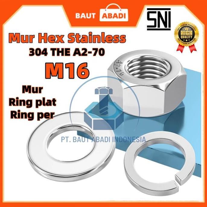 M16 Mur Hex Stainless Steel Ss 304 The A2-70 / Ring Plat Sus 304 Ring Per / Nut Flat Spring Washer