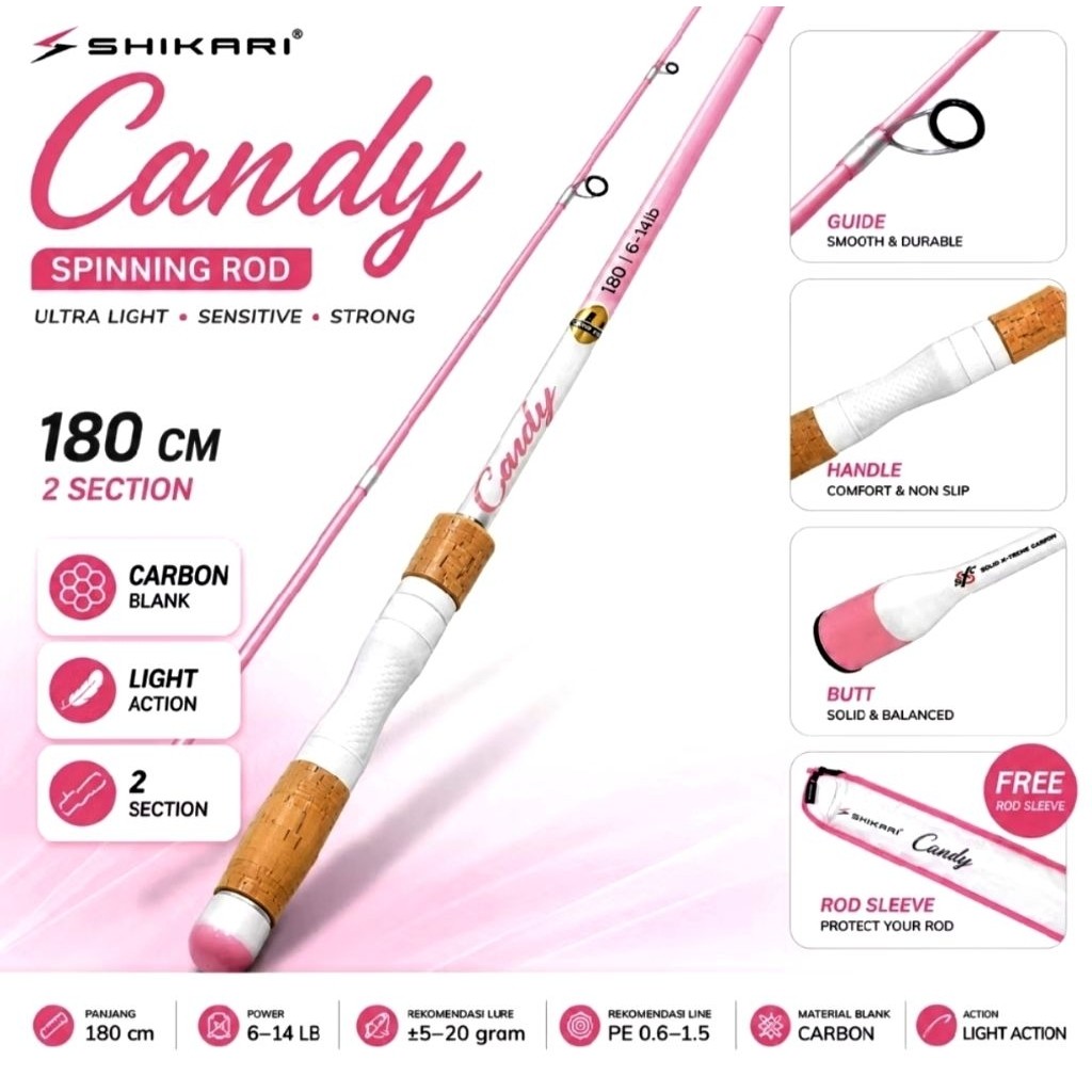 Joran SHIKARI CANDY Spinning Rod 180cm 2 Section Carbon Blank Light Action 6-14LB PE 0.6-1.5 Lure 5-