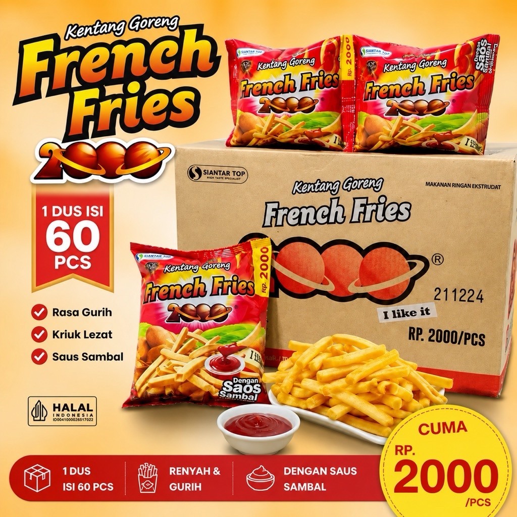(1 Dus) Ciki Snack Kentang Saos French Fries 8 Gram isi 60 pcs