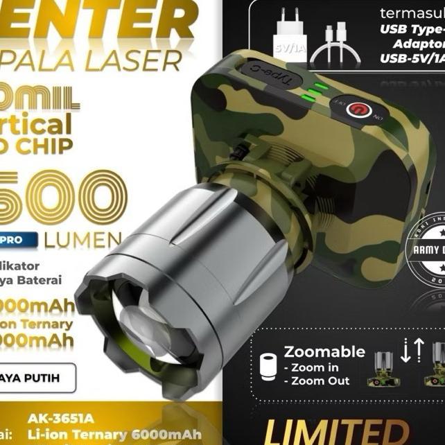 Senter Kepala Aoki Loreng 1500 Lumen Cahaya Putih