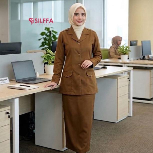 Ready Stock Baju Setelan Pemda Wanita Semi Blazer Baju Pdh Khaki. Seragam Pemda Keki Wanita.Rok Span