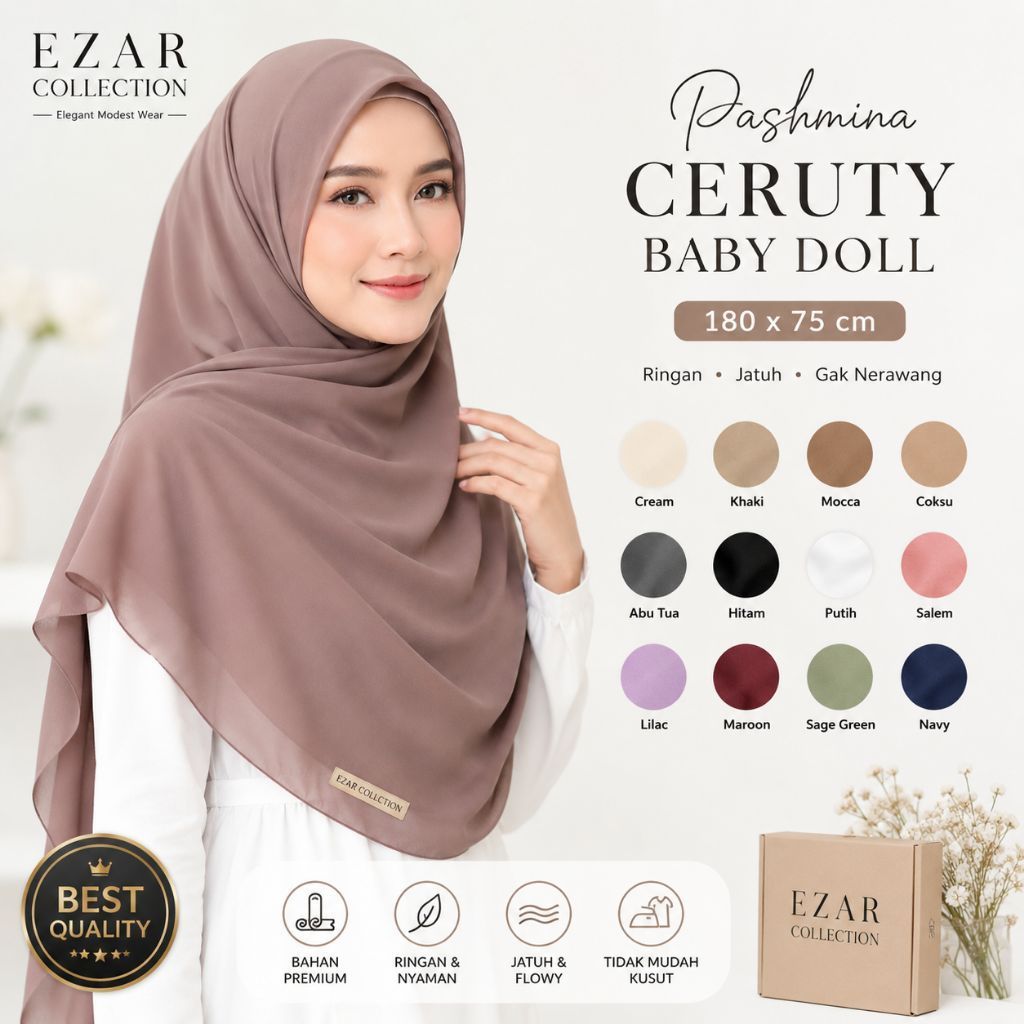 Pasmina Ceruty Babydoll Premium 180x75 | Pashmina Hijab Polos Anti Kusut, Lembut, Flowly, Mudah Dibe