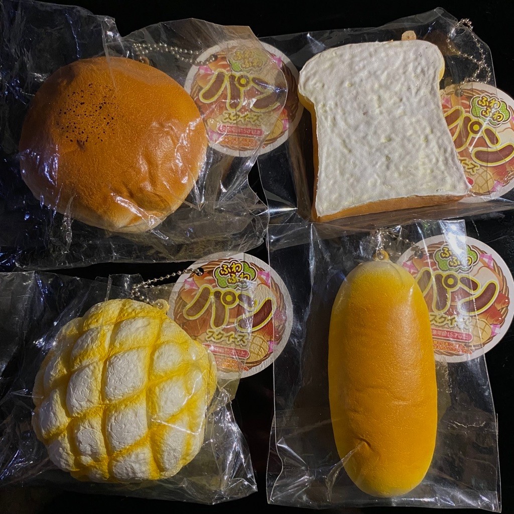 Squishies — Japanese Bread Squishy: Sesame Bun, Toast, Melon Bun and Long Bread & Peko Chan Cream Bu