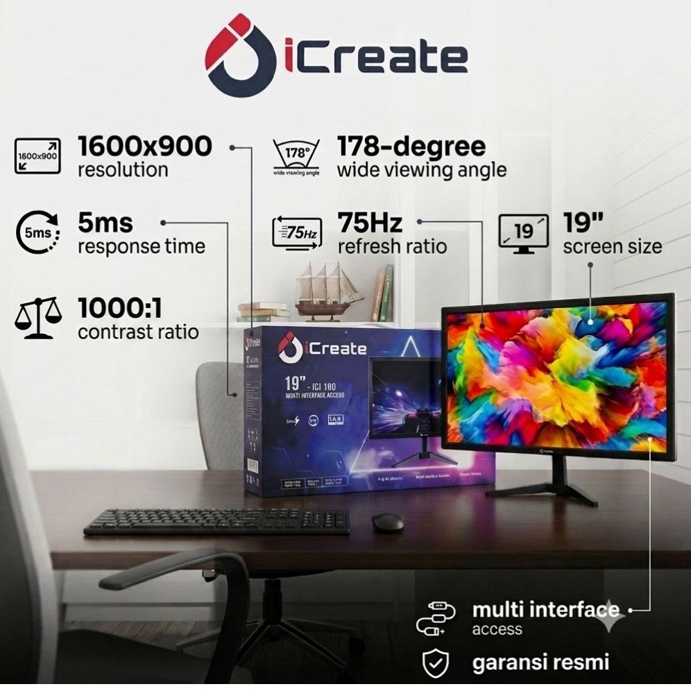 ICREAT LED MONITOR 19"INCH Resolusi 1600x900 75hz _HDMI&VGA