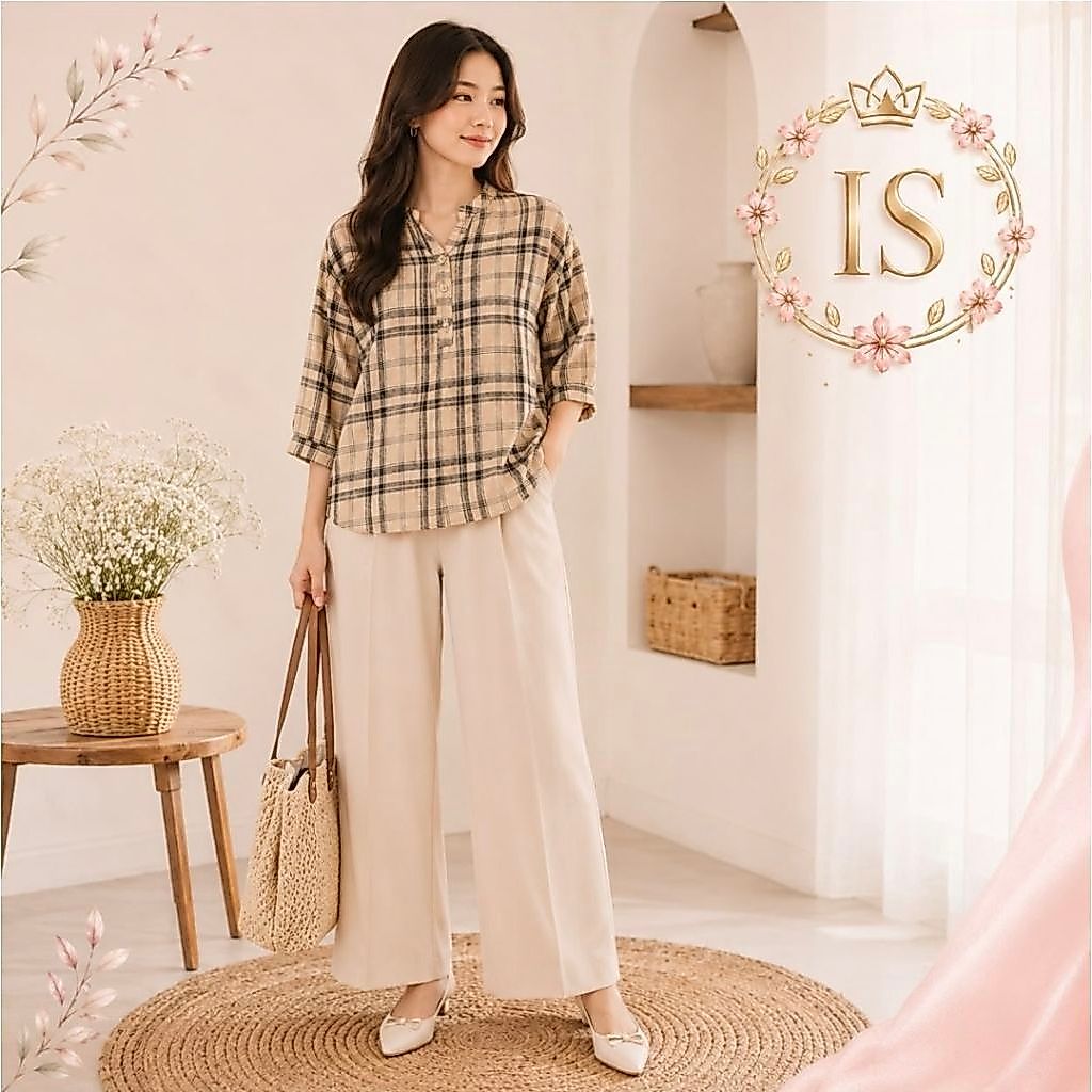 Kemeja Wanita Katun Rayon Motif Kotak Cream Hitam Lengan Pendek Blouse Casual Loose