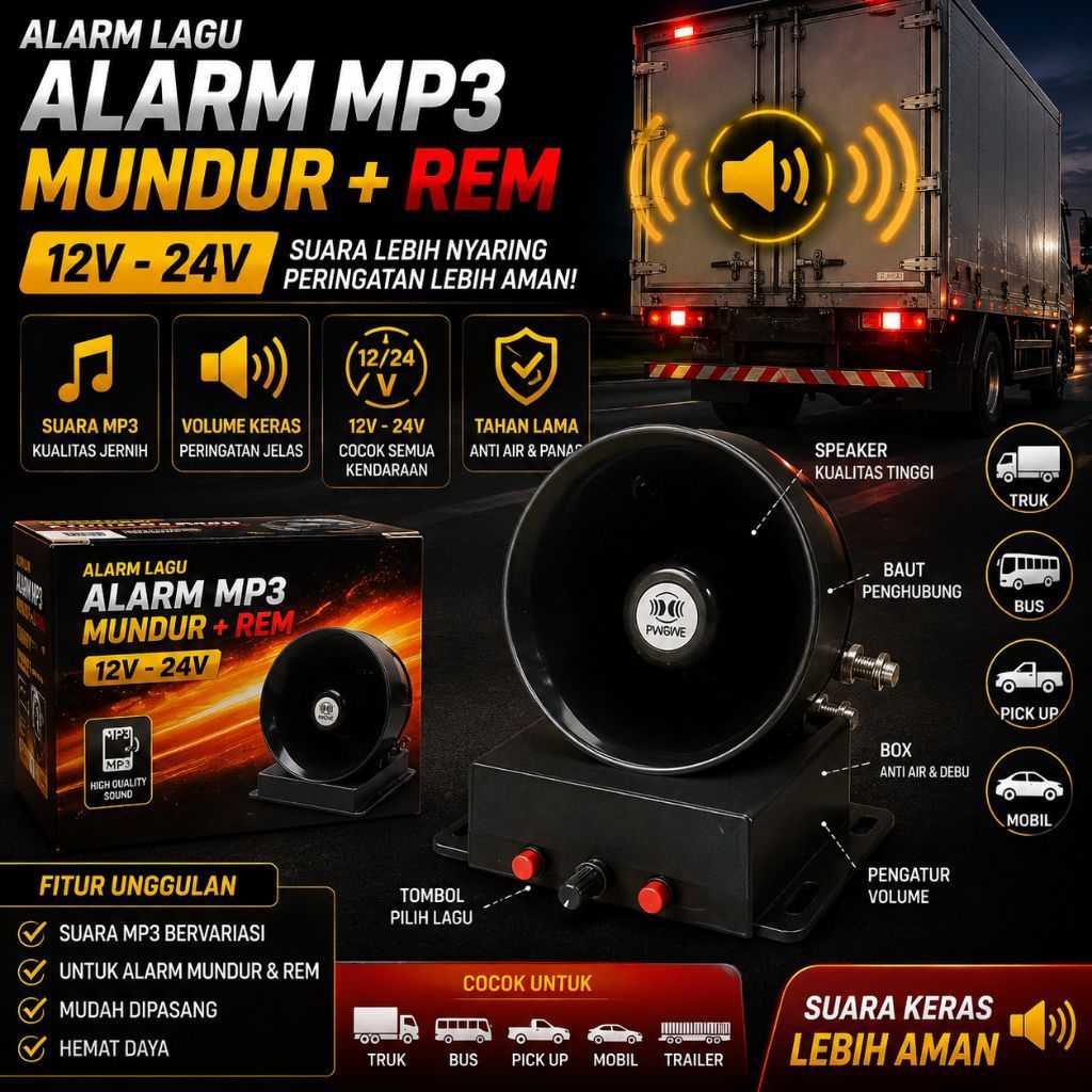 Alarm lagu alarm mp3 mundur + rem 12 volt 24 volt