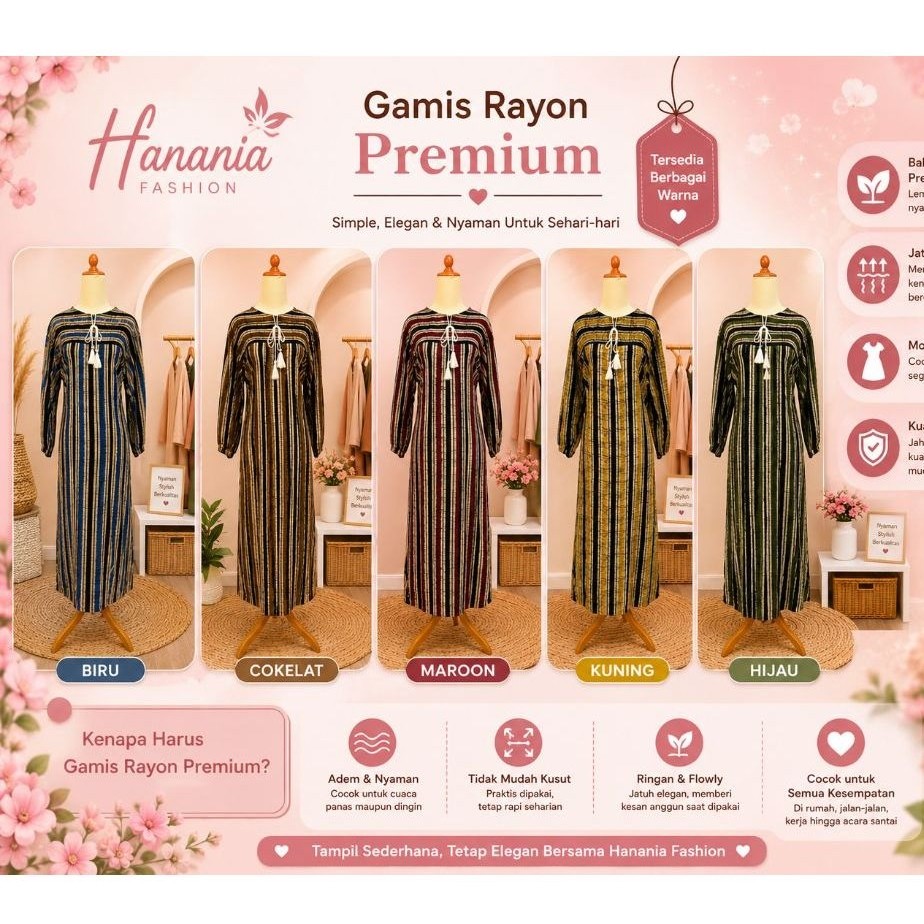 Gamis motif garis garis bahan rayon premium