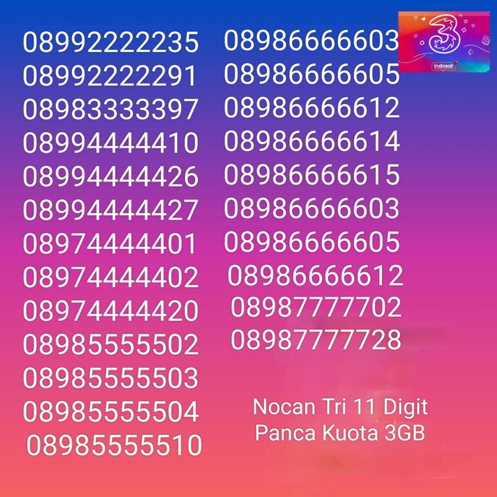 NOCAN Nomor Cantik 11 Digit Panca Kartu Perdana 3 Tri Three 4G / 5G LTE REGULER Kuota 3GB