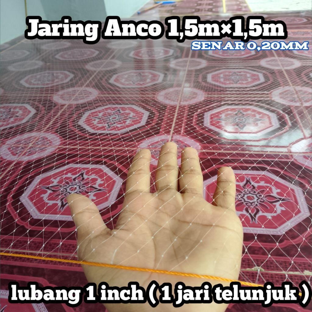 jaring Anco 1,5m×1,5m lobang 1 inch ,senar 0,20mm cocok untuk ikan betok,sepat,nila