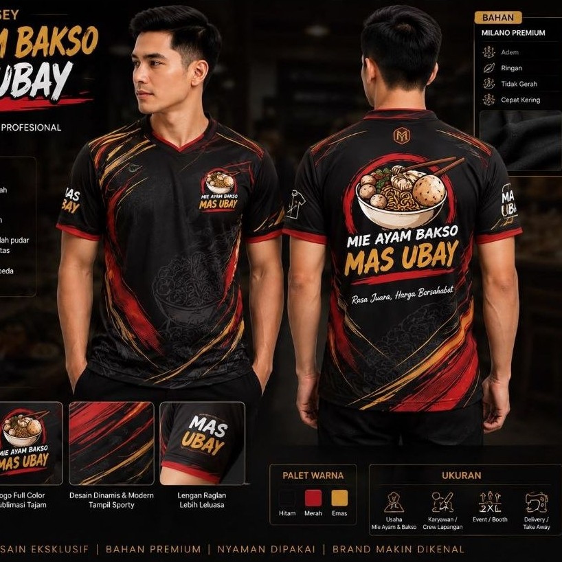 Jersey Custom Mie Ayam Bakso Premium Full Sublimasi / Baju Kaos Seragam Karyawan Warung Bakso Custom