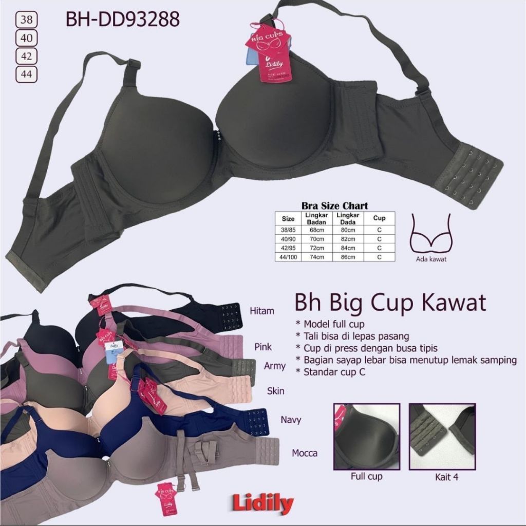 Lidily BH-DD93288 Bh Big Cup Kawat Kait 4 SiE 38-44 Full Cup dengan Bahan Lembut dan Desain Nyaman