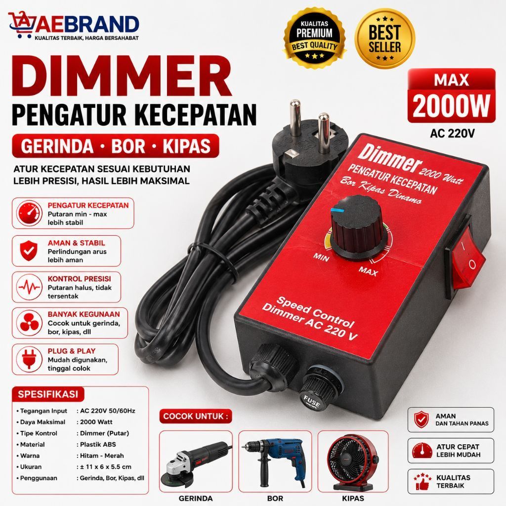 AEBDG DIMMER AC 2000W/ PENGATUR KECEPATAN DINAMO MESIN BOR GERINDA Terminal dimmer  2000W  / stopbko