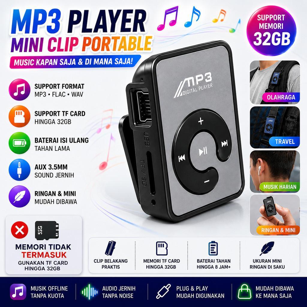 MP3 Player Mini Clip Portable Support Memory TF Card Up To 32GB Support MP3 FLAC USB Mini AUX 3.5mm 