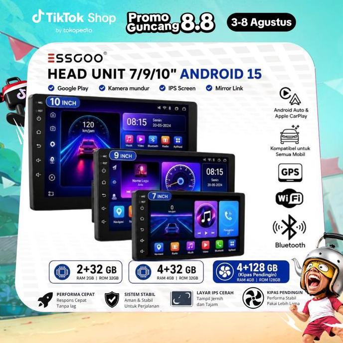 ESSGOO Head Unit Android 15 mobil 4G+64G  7/9/10 Inch 2 Din Kontrol Suhu Cerdas IPS Layer Mobil Navi