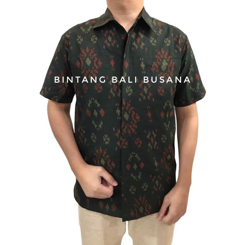 Kemeja Endek Bali Pria Katun Lengan Pendek Bintang Hijau