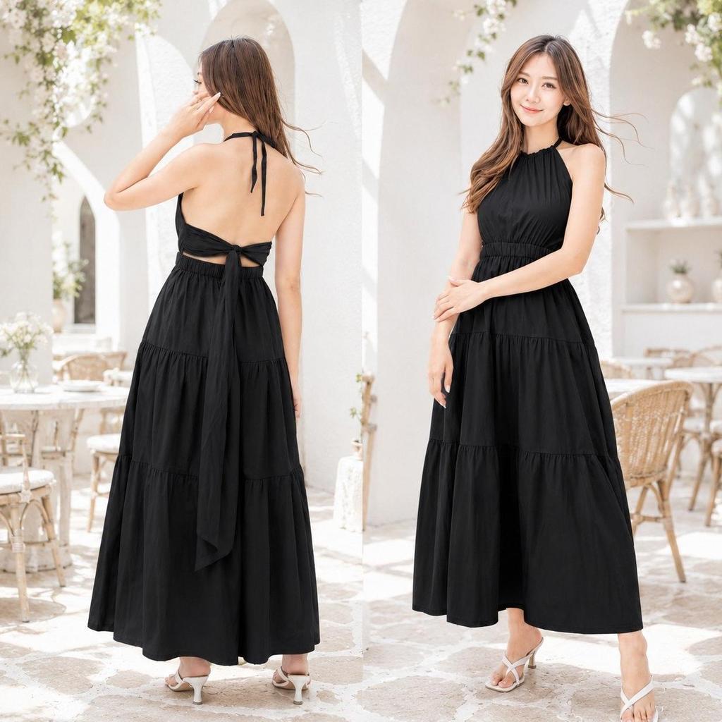 Miami Long Dress Backless Bow/ Dress Pantai Panjang Backless Pita Belakang / Baju Dress Maxi Ruffle
