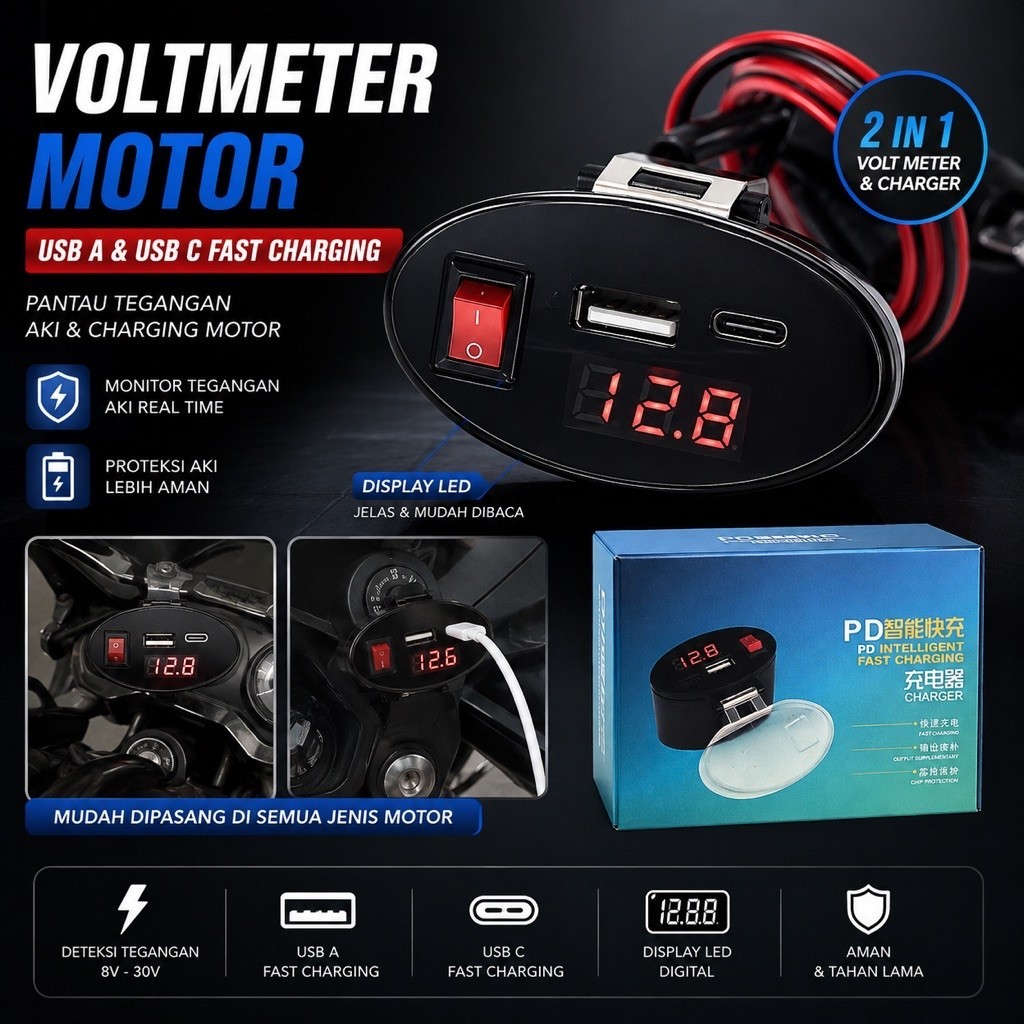 PROMO VOLTMETER VOLT METER 4 IN 1 DENGAN 2 CHARGER USB / JAM DIGITAL / TOMBOL ON OFF / PEMANTIK ROKO