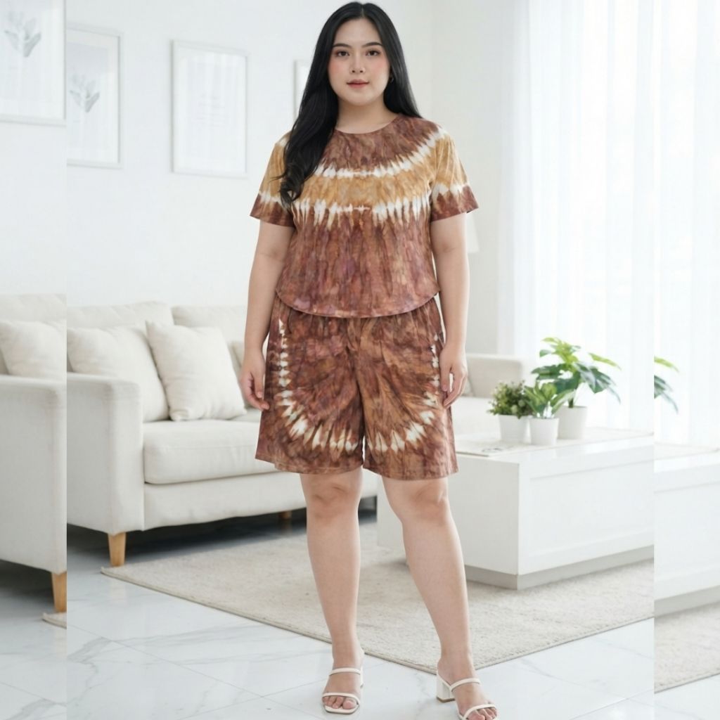 Setelan Wanita Celana Kulot Pendek Bahan Kaos Selutut Atasan Lengan Pendek Motif Garis - Garis Tiedy